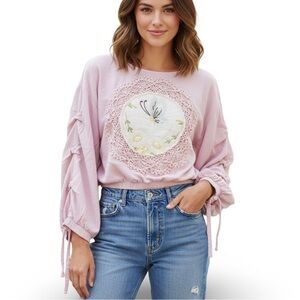 Dusty Rose Blouse with Vintage Embroidery and Crocheted Lace Cropped Shirt OOAK